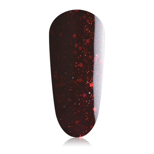 The GelBottle Inc gel polish nail swatch in the dark red glittery shade, Jam.