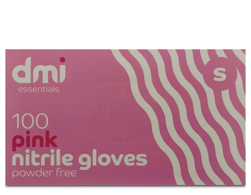 DMI small nitrile gloves powder free in pink in a pink box.