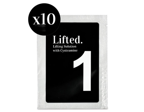 LASHBASE Lifted. lift 1 with cysteamine black sachet packet x 10 on a white background.