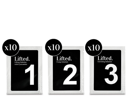 LASHBASE Lifted. 3 step system with cysteamine in black and white packaging x10.
