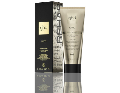 ghd split end sealer in a 100ml tube with gold packaging and a black cap.