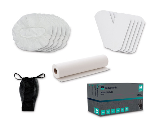 Tanning essentials kit with sole protectors, boudoir caps, g-strings, gloves and couch roll. Tanning essentials kit with sole protectors, boudoir caps, g-strings, gloves and couch roll.