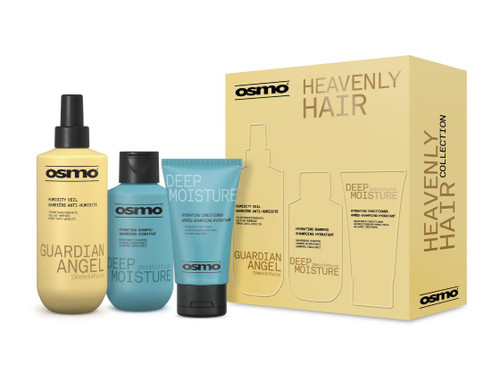 OSMO guardian angel hair care gift set in a yellow box with shampoo, conditioner and humidity spray.