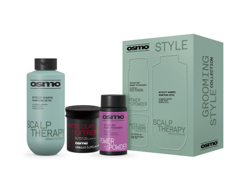OSMO grooming style hair care gift set in a light green box with shampoo, clay and powder.