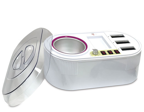 Italwax combined wax heater with tin pot and three cartridge wax holders and a clear plastic lid.