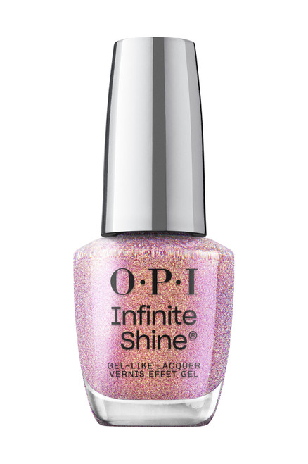 OPI Infinite Shine nail lacquer 15ml bottle in the shimmery pink shade, Pinkish Delight.