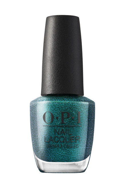 OPI nail lacquer 15ml bottle in the glittery teal shade, Yuletide Sweetings