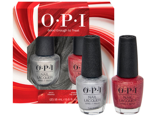 OPI nail lacquer holiday 2025 duo pack with a red and silver nail polish in a red box.