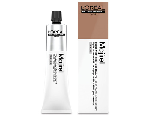 Majirel permanent hair colour Mocha 60ml tube next to a branded box in the shade, 6.8.