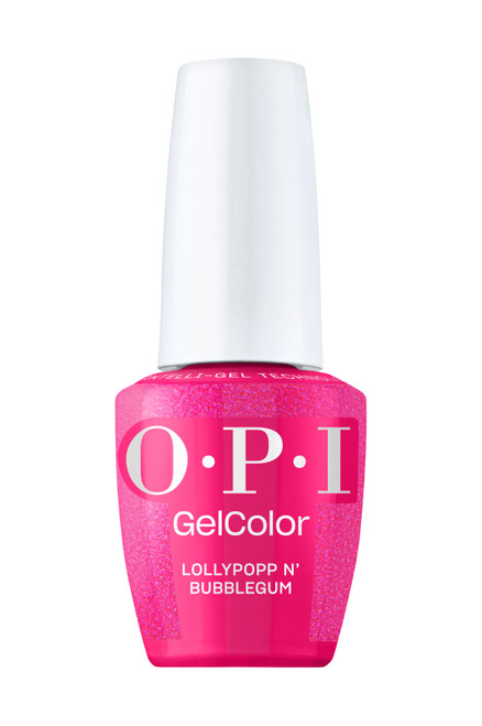 OPI Intelli-Gel nail polish 15ml bottle in the bright glittery pink shade, Lollypopin Bubblegum.