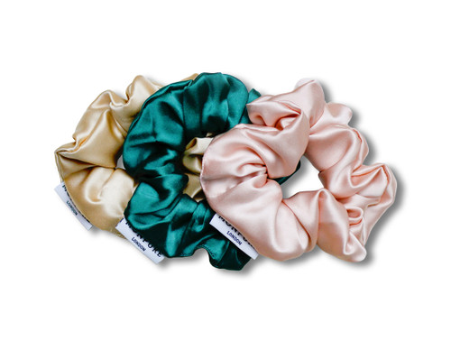 Monpure style and protect silk scrunchies  in gold, green and pink.