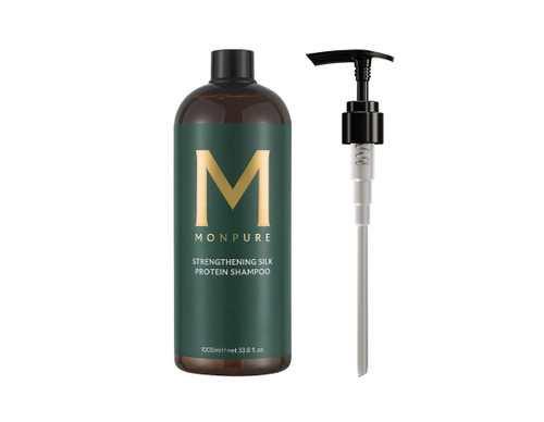 Monpure strengthening silk protein shampoo 1L bottle with pump and a green label.