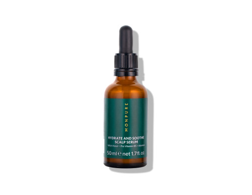 Monpure hydrate and soothe scalp serum in a 50ml bottle with a green label and a black pipette.