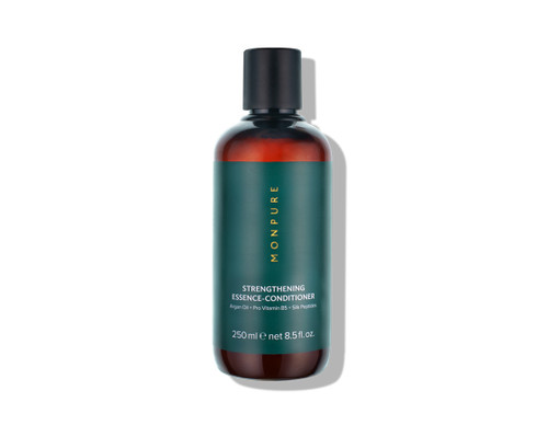 Monpure strengthening essence conditioner in a 250ml bottle with a green label and a black cap.