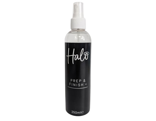 Halo prep and finish plus 250ml bottle with a black label and white spray dispenser cap.