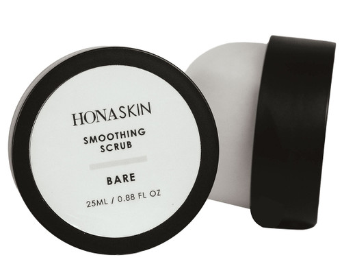 HONA SKIN smoothing scrub in a 25g tub in the scent, bare.