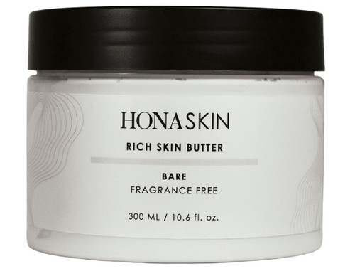 HONA SKIN rich skin butter in a 300g tub with black lid in the scent, bare.