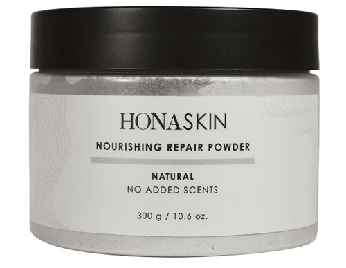 HONA SKIN nourishing repair powder in a 250g tub with a black lid, unscented.