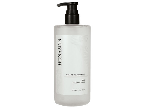 HONA SKIN cleansing skin wash in a 500ml bottle with a black dispenser in the scent, bare.