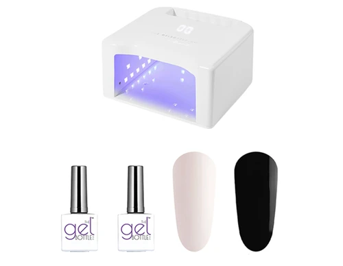 The GelBottle Inc Illuminate nail lamp and gel bundle, featuring the extreme shine top coat, a rubber base and two gel colours.