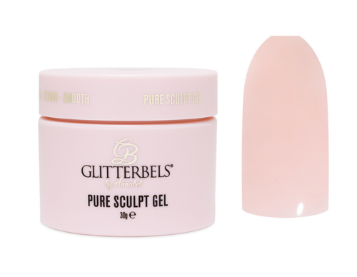 Glitterbels PureSculpt hard gel in a 30g tub next to a nail swatch in the shade, Rose Silk.