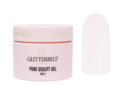 Glitterbels hard gel in a 30g tub next to a nails watch in the shade, Fine China.