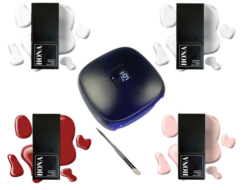 HONA starter bundle with Aura LED lamp in Black with 4 gel polish bottles and a nail brush.