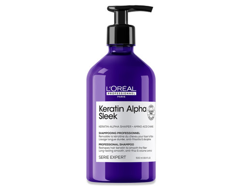 Serie Expert keratin alpha sleek shampoo in a 500ml bottle with a black pump.