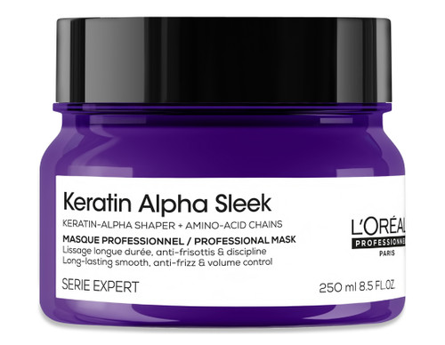 Serie Expert keratin alpha sleek rinse-off mask in a 250ml purple tub with a black lid.