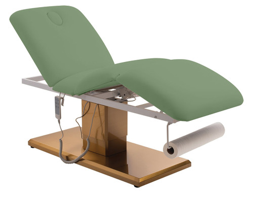 Esthetix Aria electric couch in Sage Green/Gold on a white background.