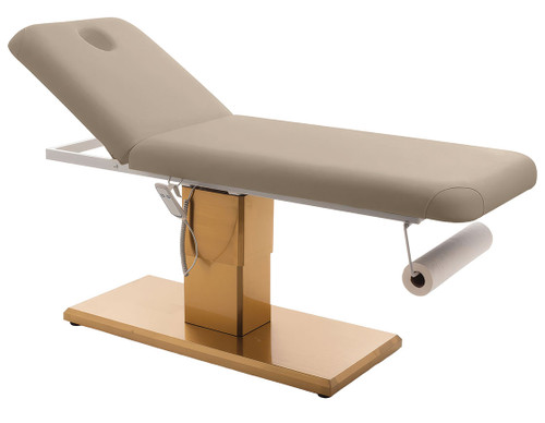 Esthetix Aria electric beauty bed in Truffle/Gold on a white background.