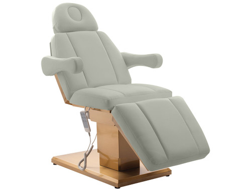 Esthetix Alesandra electric beauty bed in Stone/Gold on a white background.