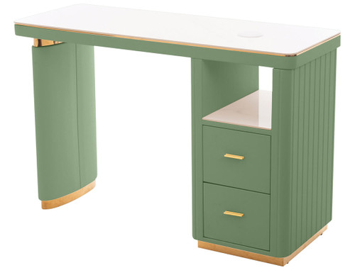 Esthetix Eva nail desk in Sage Green/Gold on a white background.
