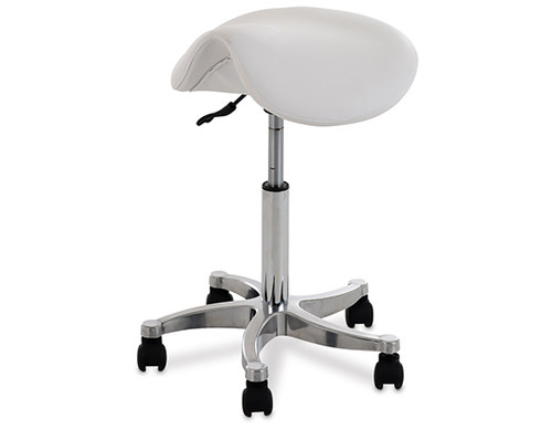 Esthetix pony stool in white with ergonomic saddle seat, chrome height-adjustable base, and five black caster wheels for smooth mobility.