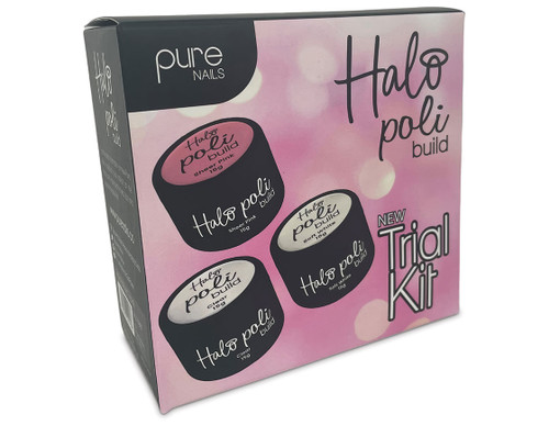 Halo PoliBuild precision nail gel starter kit in a pink and black box.
