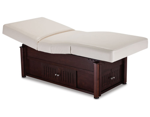 Pro Salon treatment bed in the shade craftsman cabinetry with a wooden base with storage cupboards.