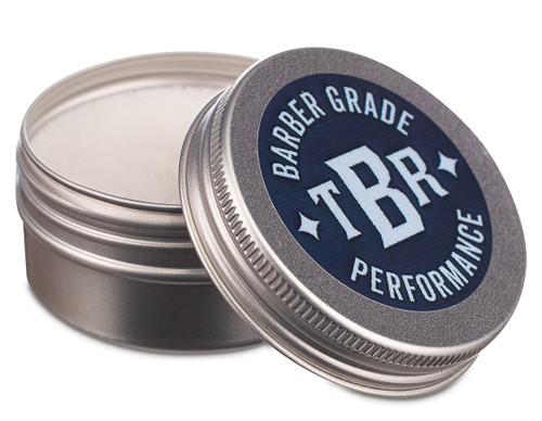 Bluebeards Revenge shaving cream in a 30ml silver tin with a navy label.