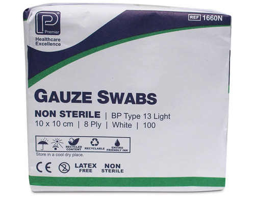 Gauze swabs 8ply, 10x10cm, pack of 100 in a white, navy, and green cover, medical-grade supplies.