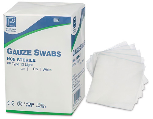 Gauze swabs 8ply - 50mmx50mm, pack of 100 in a white, navy, and green cover, medical-grade supplies.