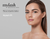 Lash lift online training course with a young brunette woman with long lashes on a grey background.