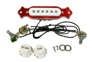 Pre-Wired 6-String Pickup Harness - White Pickup with Red Tortoise Ring