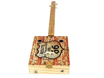 "Route 66" 3-string Illustrated Cigar Box Guitar - features vintage cigar box artwork