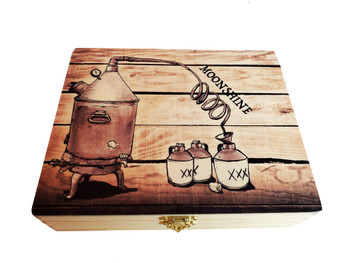 "Moonshine" Illustrated Wooden Cigar Box - vintage inspired image printed in full color right on the box top!