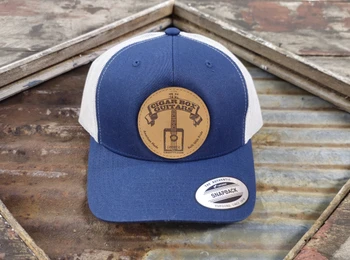 Cigar Box Guitars Trucker Hat - Leather Patch on Blue with Silver Mesh