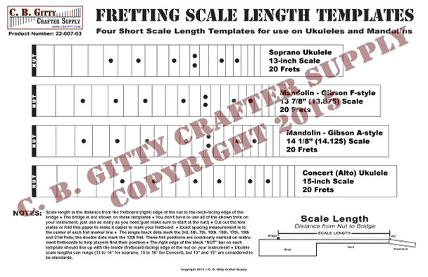 Ukulele and Mandolin Fretting Scale Length Template - 4 Short-length Scales (13-15")