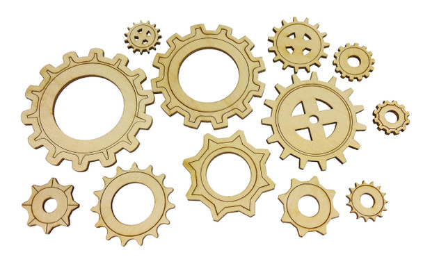 12pc. set Wooden Gears - Great for Sound Holes, Steampunk Designs, Decorative Uses & More!