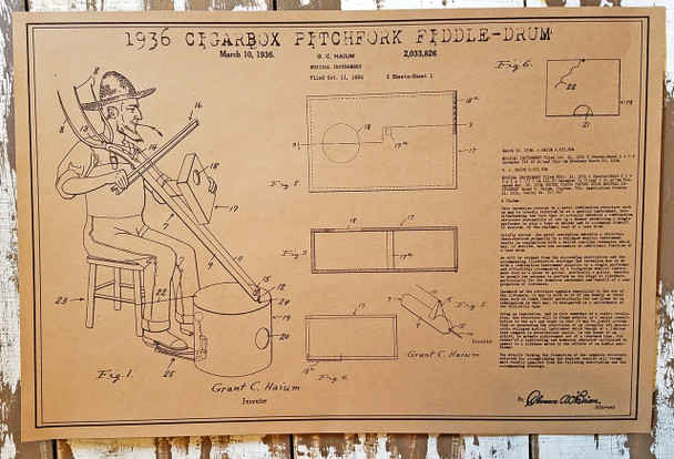 "1936 Cigar Box Pitchfork Fiddle-Drum" Musical Oddities Poster Series #4 - 18x12 reprint of a vintage U. S. Patent