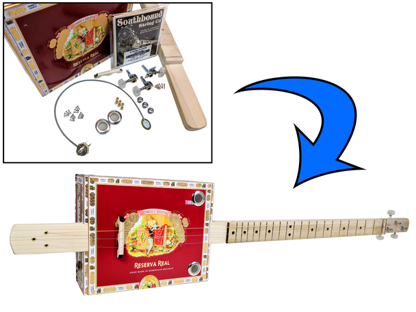 Complete DIY 3-String Fretted Cigar Box Guitar Kit with Neck - includes Acoustic/Electric Pickup