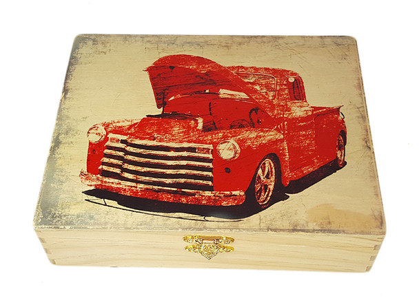 "Old Red Truck" Illustrated Wooden Cigar Box - image printed in full color right on the box top!
