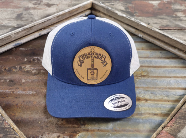 Cigar Box Guitars Trucker Hat - Leather Patch on Blue with Silver Mesh